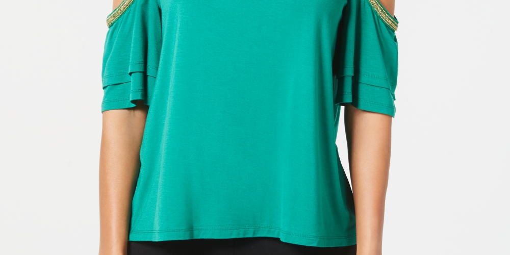 Thalia Sodi Blusa Feminina com Acabamento em Corrente e Ombros à Mostra, Verde, Tamanho Grande