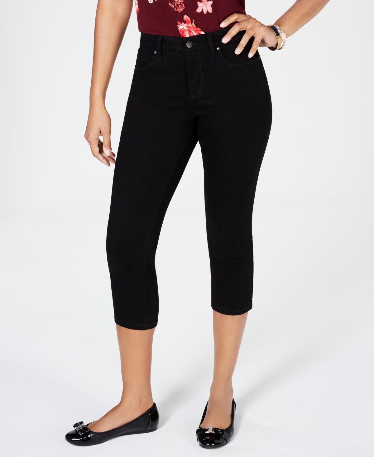 Calça jeans feminina Charter Club Tummy Control Bristol Capri preta tamanho 14 Petite