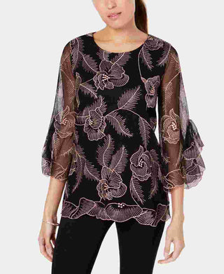 Blusa feminina Alfani bordada com babados, preta, tamanho X-S