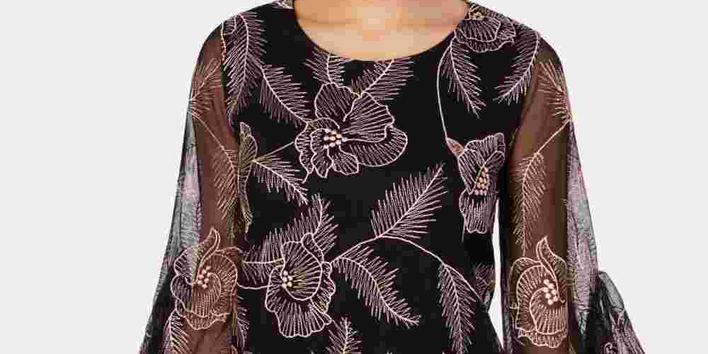 Blusa feminina Alfani bordada com babados, preta, tamanho X-S