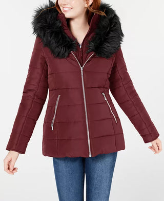 Jaqueta de inverno feminina Maralyn &amp; Me com capuz sintético e resistente à água, cor vinho, tamanho grande