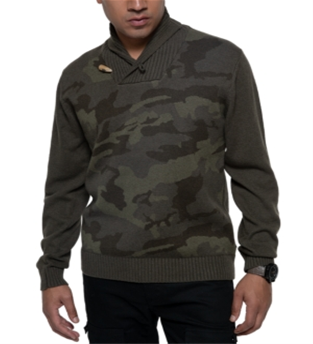 Suéter camuflado masculino Sean John com gola xale, verde, tamanho P