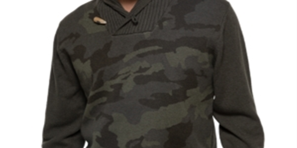 Suéter camuflado masculino Sean John com gola xale, verde, tamanho P
