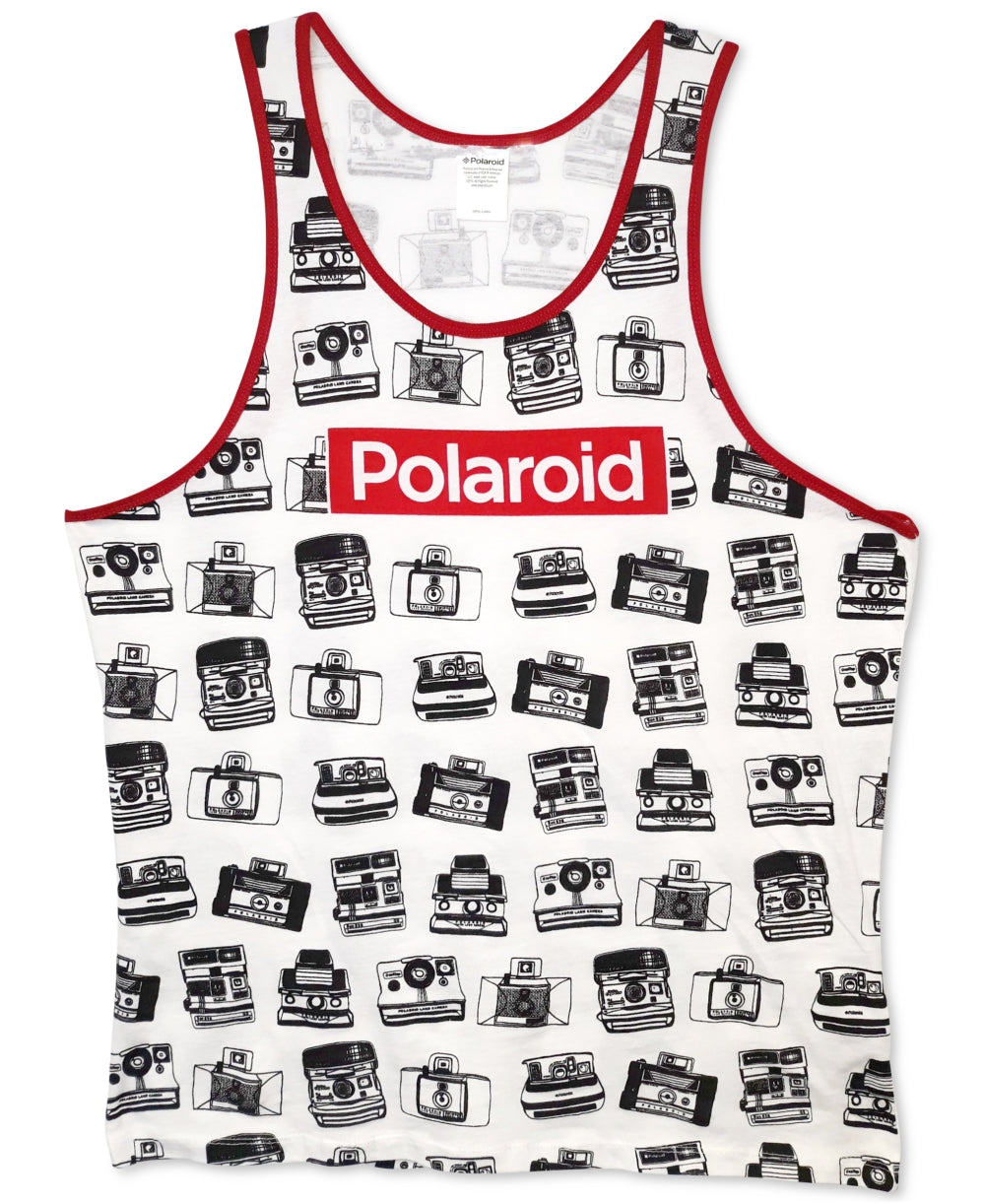 Camiseta regata masculina com estampa de câmera Polaroid, preta, tamanho médio