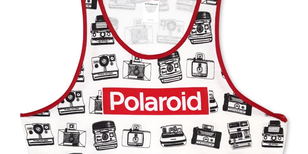 Camiseta regata masculina com estampa de câmera Polaroid, preta, tamanho médio