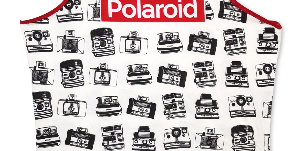 Camiseta regata masculina com estampa de câmera Polaroid, preta, tamanho médio
