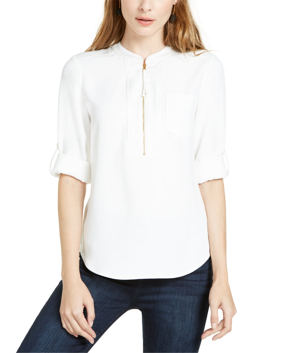 Blusa feminina Trina Turk Kaiko com zíper frontal e mangas dobráveis, branca, tamanho pequeno