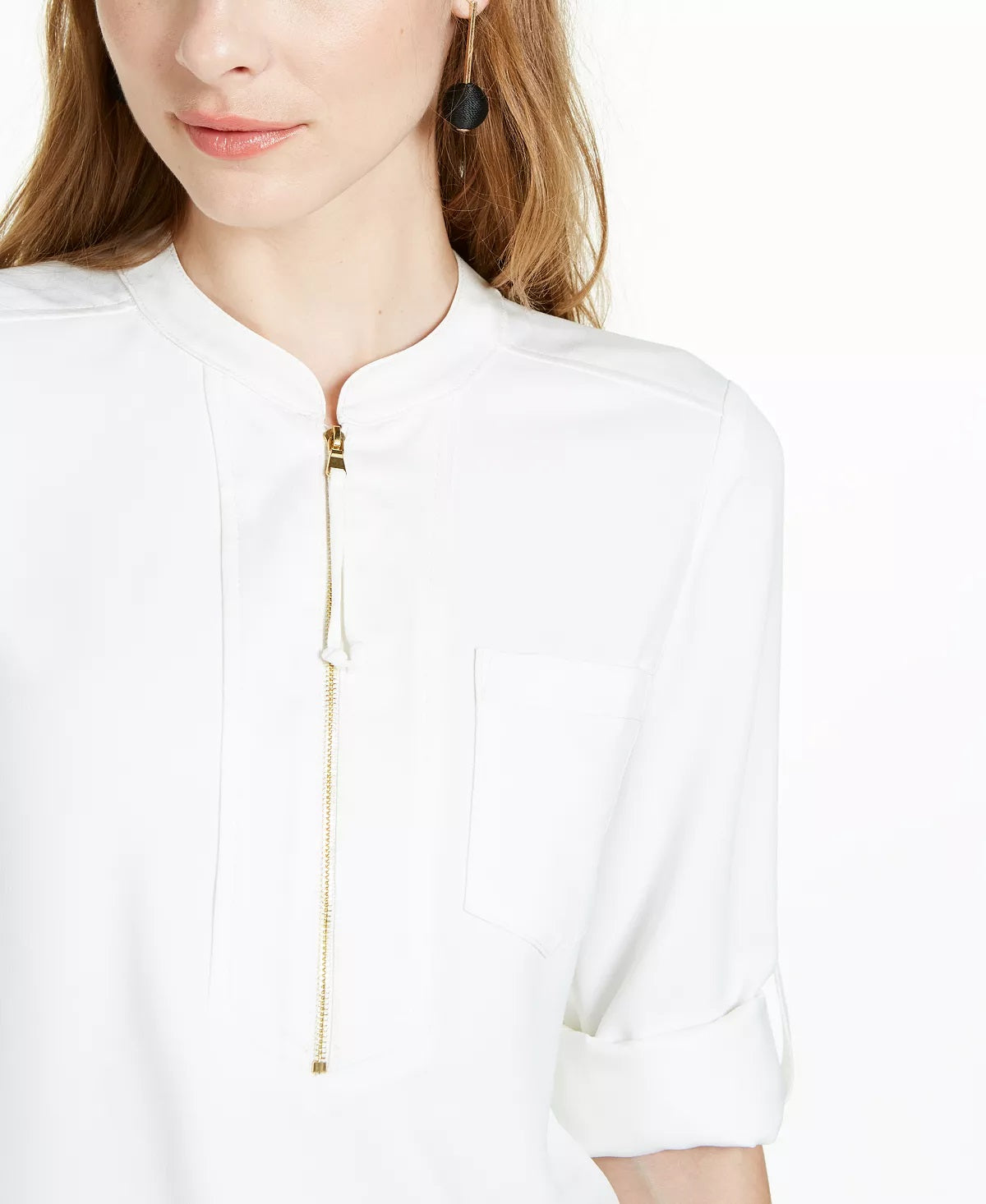 Blusa feminina Trina Turk Kaiko com zíper frontal e mangas dobráveis, branca, tamanho pequeno