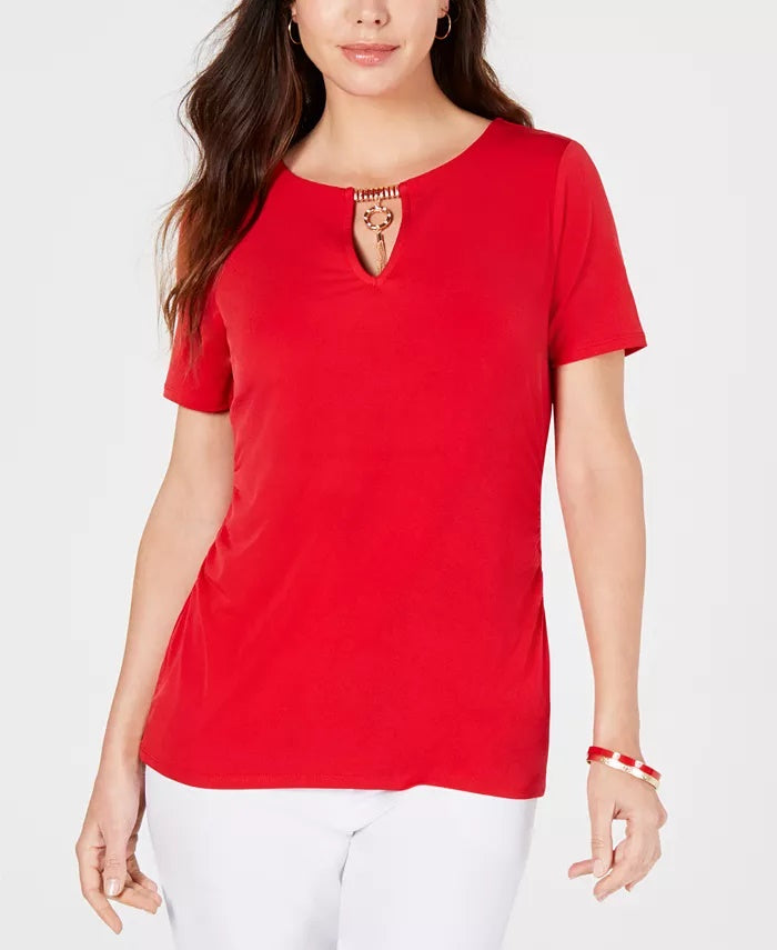 JM Collection Top Feminino com Decote em Forma de Fechadura Vermelho Tamanho Pequeno Pequeno