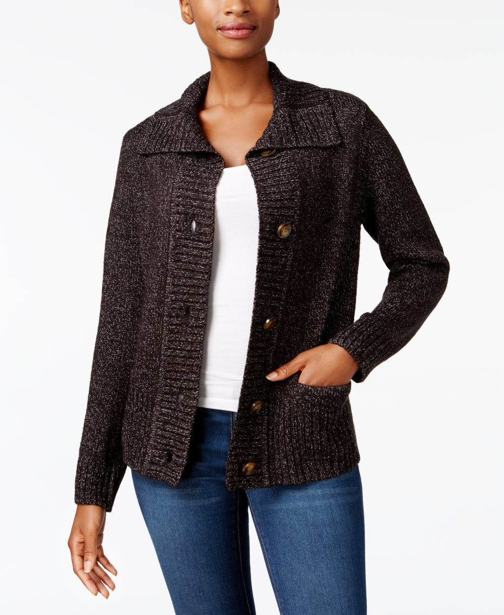 Karen Scott Cardigan Feminino com Botões Frontais e Gola Xale Preto Tamanho P