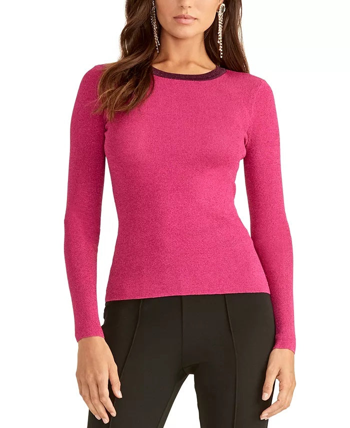 Rachel Roy Suéter Feminino Glitter Manga Longa Gola Redonda Rosa Tamanho XS