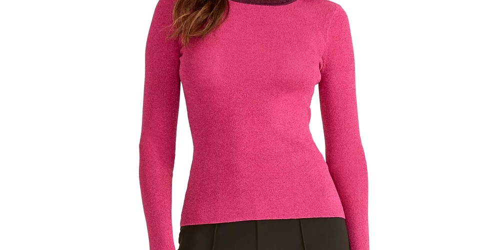 Rachel Roy Suéter Feminino Glitter Manga Longa Gola Redonda Rosa Tamanho XS