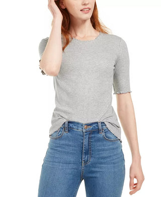 Blusa feminina Maison Jules com decote redondo e manga cotovelo, cinza, tamanho extragrande