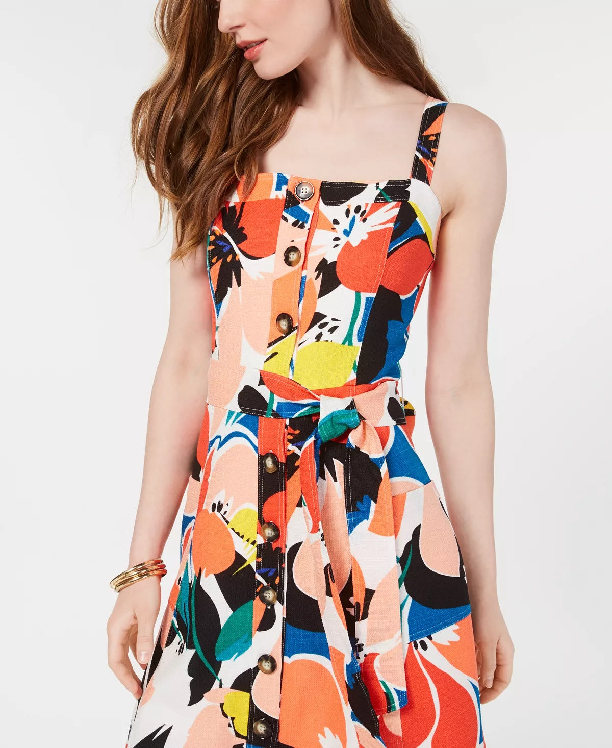 Vestido feminino Donna Ricco estampado com botões e corte A, vermelho, tamanho 8