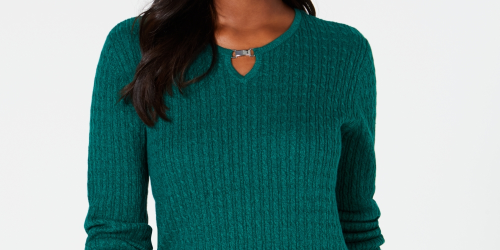 Karen Scott Suéter Feminino de Tricô com Cordão de Algodão Verde Tamanho Pequeno GG
