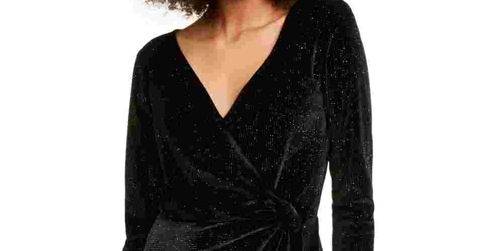 Vestido de festa curto com glitter e decote em V, manga longa, preto, tamanho grande, Trixxi