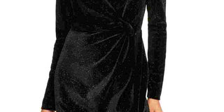 Vestido de festa curto com glitter e decote em V, manga longa, preto, tamanho grande, Trixxi