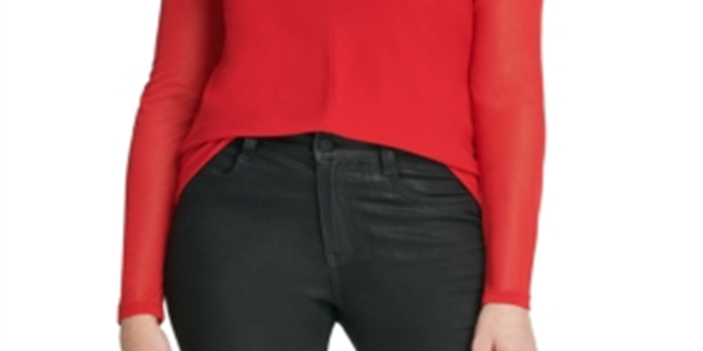 Blusa feminina DKNY com decote em V e manga comprida, blusa de noite vermelha, tamanho médio