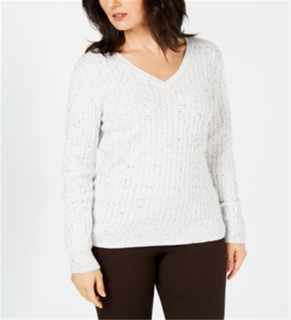 Karen Scott Suéter Feminino de Tricô com Decote em V Branco Tamanho XS