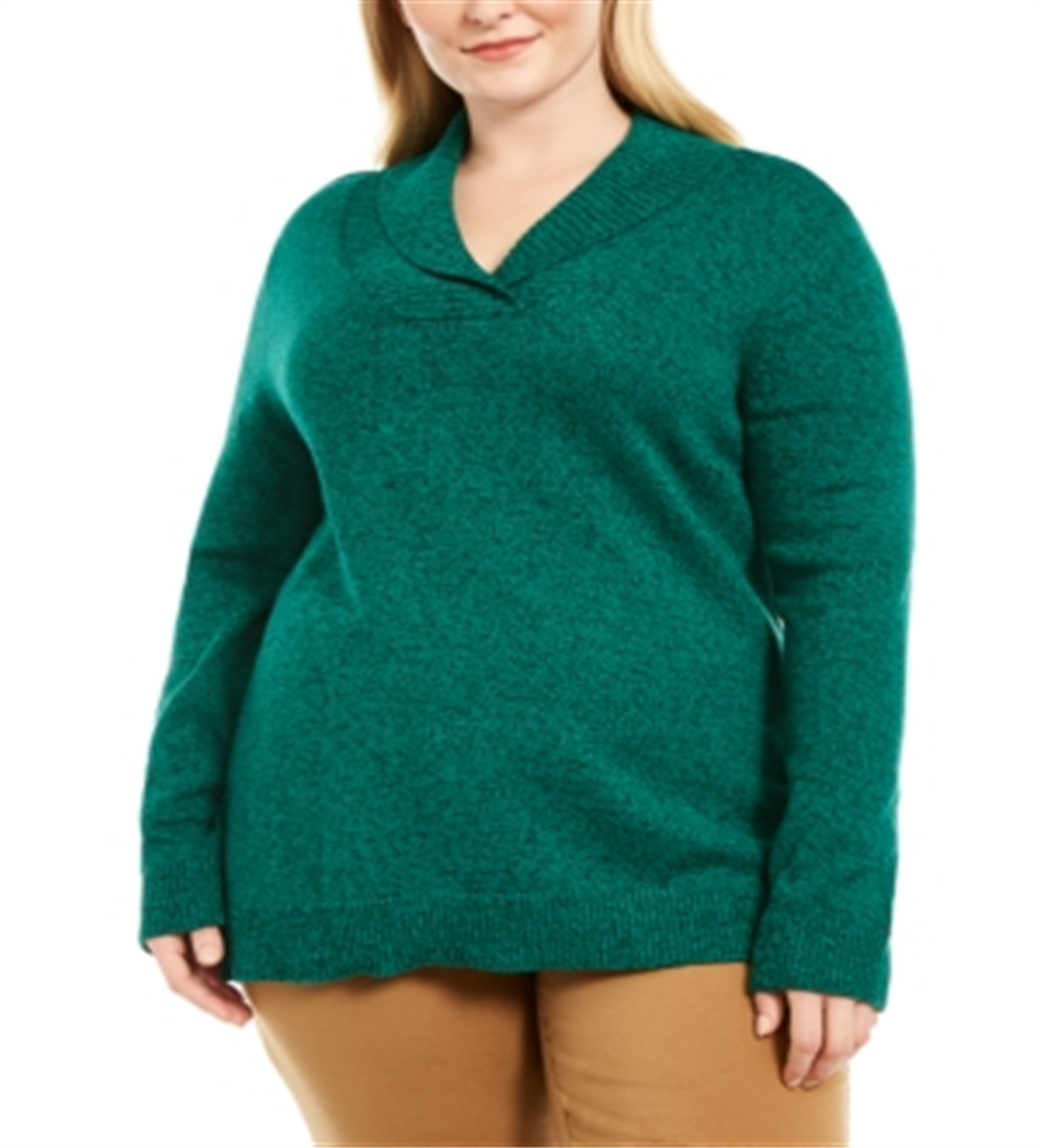 Karen Scott Suéter Feminino Plus de Algodão Marmorizado com Gola Xale Verde Tamanho 0X