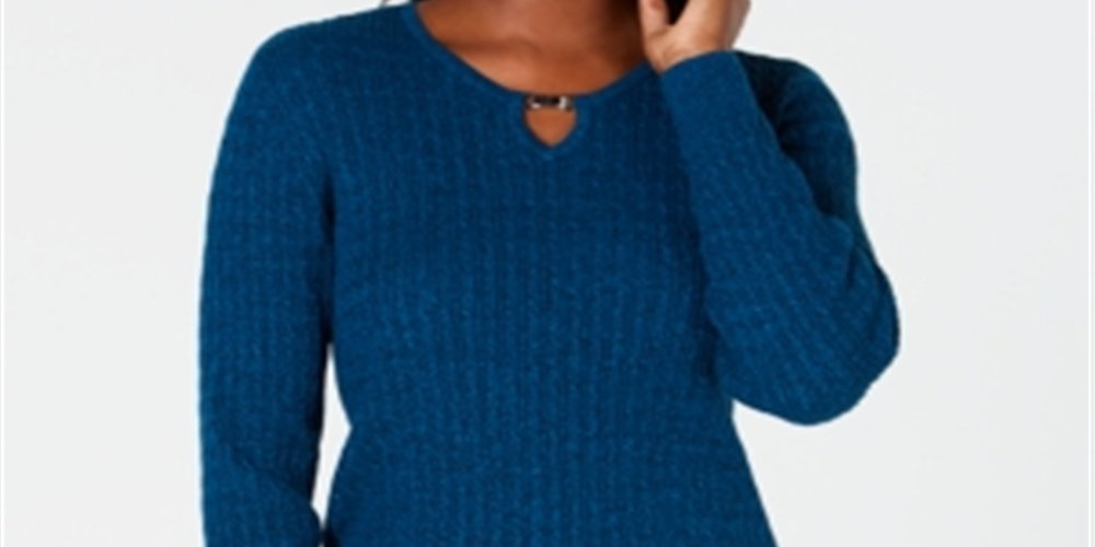Karen Scott Suéter Feminino de Tricô com Cordão de Algodão Azul Tamanho Pequeno
