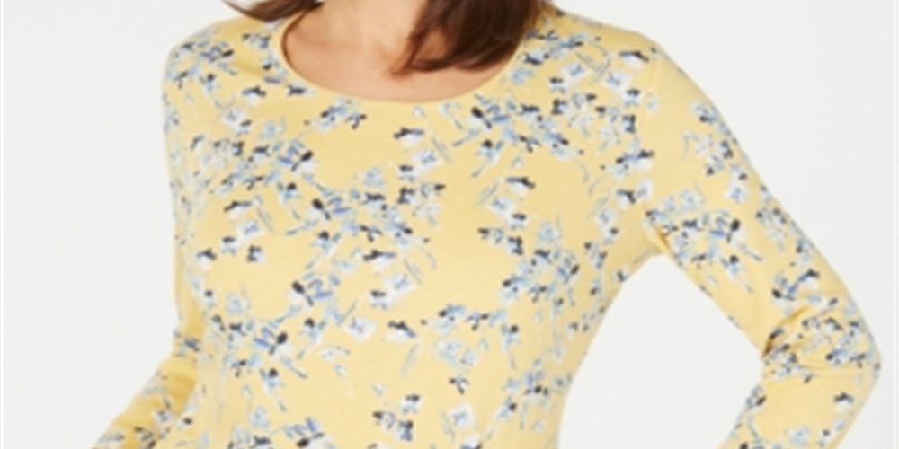 Blusa feminina Karen Scott estampada manga comprida amarela tamanho grande