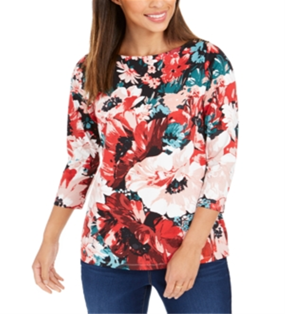 Charter Club Blusa feminina com estampa floral e gola canoa, vermelha, tamanho X-S