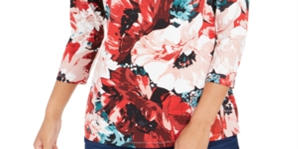 Charter Club Blusa feminina com estampa floral e gola canoa, vermelha, tamanho X-S