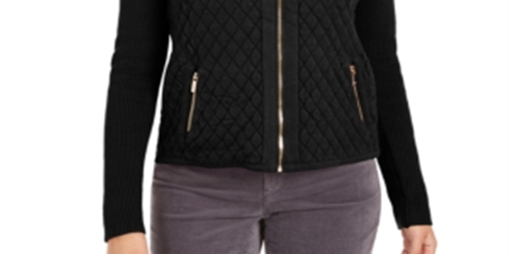 Suéter feminino Charter Club acolchoado com zíper frontal, preto, tamanho pequeno GG