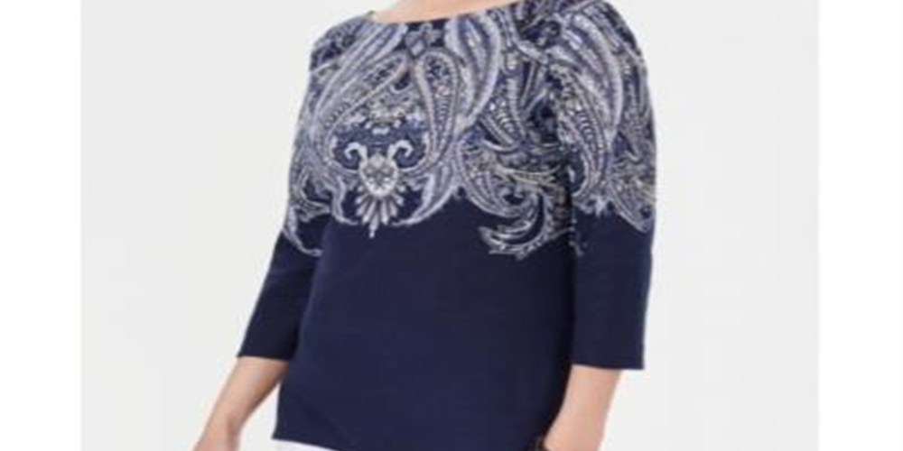 Blusa feminina Karen Scott com decote canoa e estampa paisley, azul, tamanho pequeno G