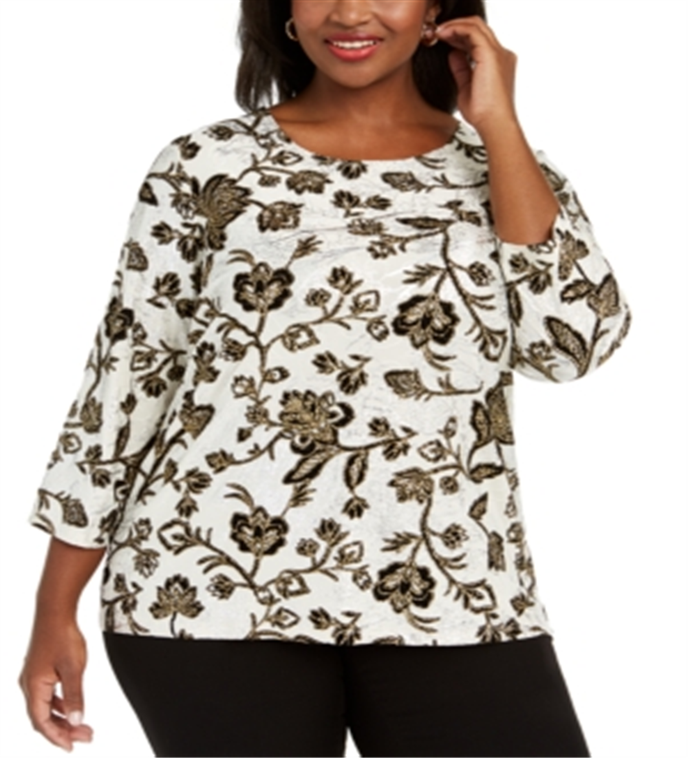 JM Collection Top Feminino Plus com Estampa Floral Metálica Preto Dourado Tamanho 1X