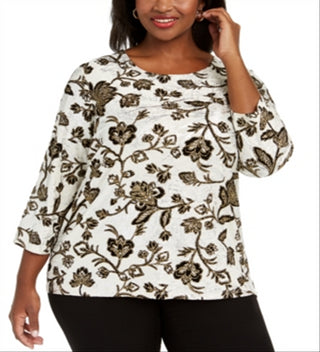 JM Collection Women's Plus Metallic Floral Print Top Black Gold  Size 1X