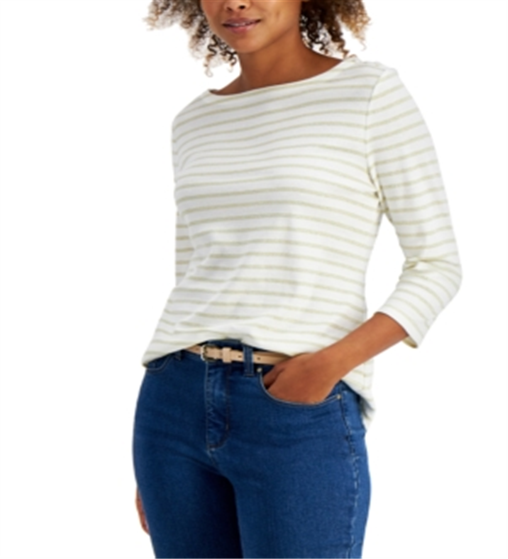 Camiseta feminina listrada de algodão Charter Club, branca, tamanho médio