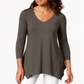 JM Collection Blusa feminina com decote em V e bainha em lenço, marrom, tamanho grande