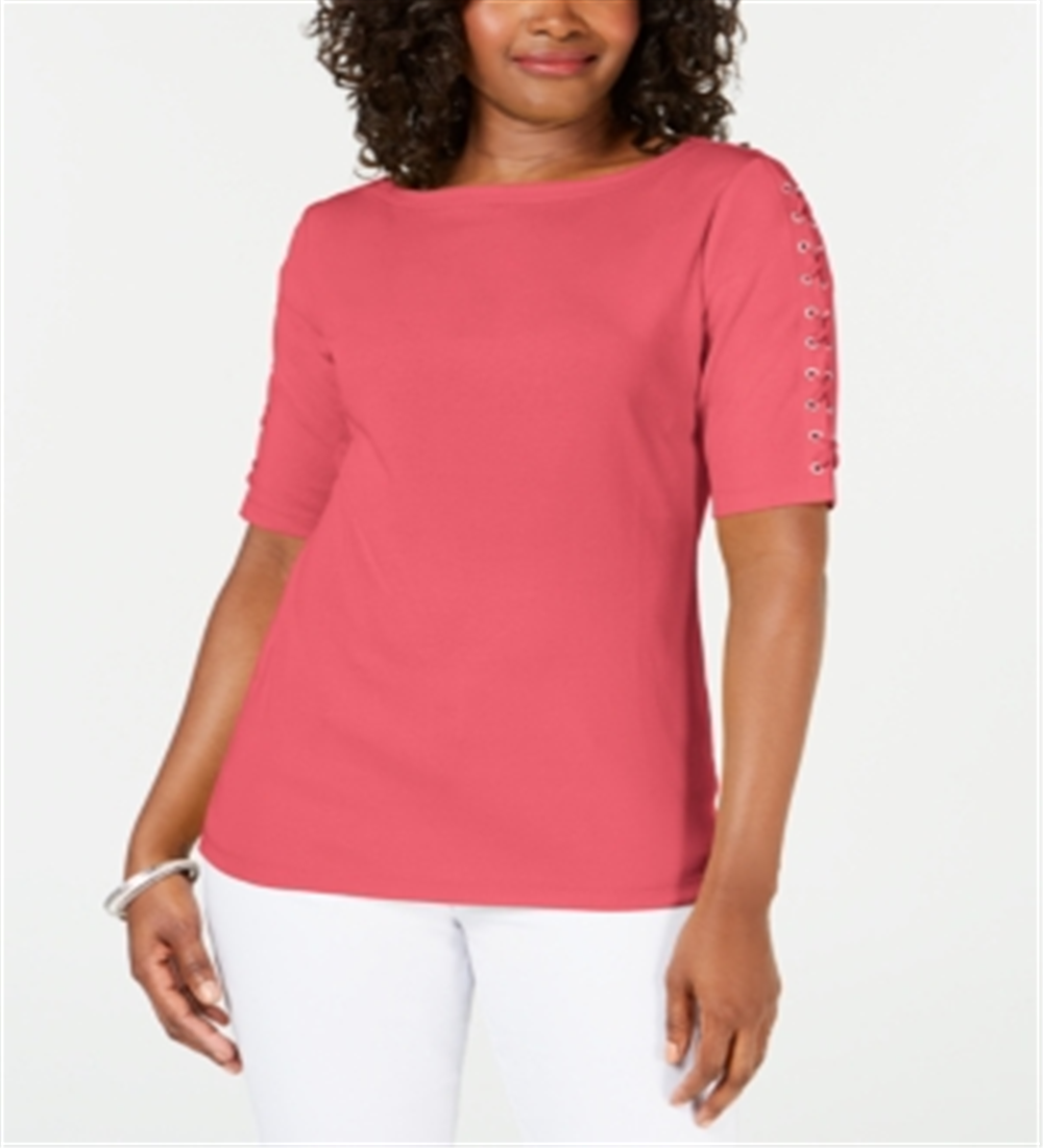 Karen Scott Blusa de algodão feminina com mangas e cadarço, coral, tamanho pequeno