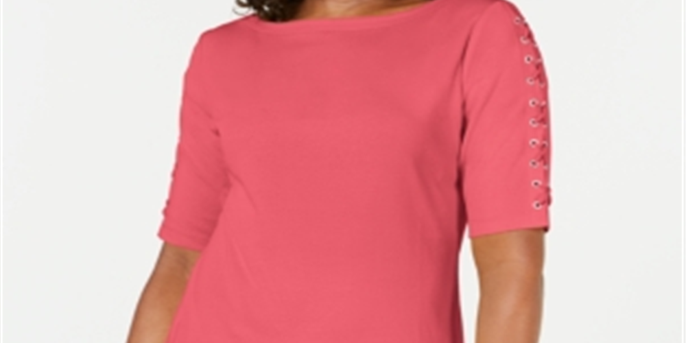 Karen Scott Blusa de algodão feminina com mangas e cadarço, coral, tamanho pequeno