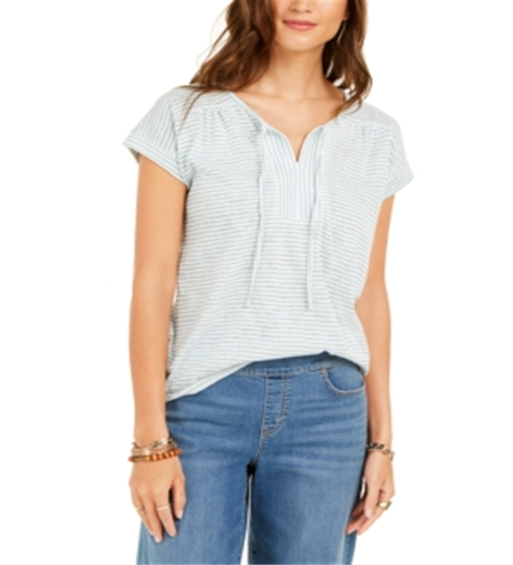Blusa feminina listrada com decote em V e manga curta, estilo &amp; co, verde, tamanho extrapequeno
