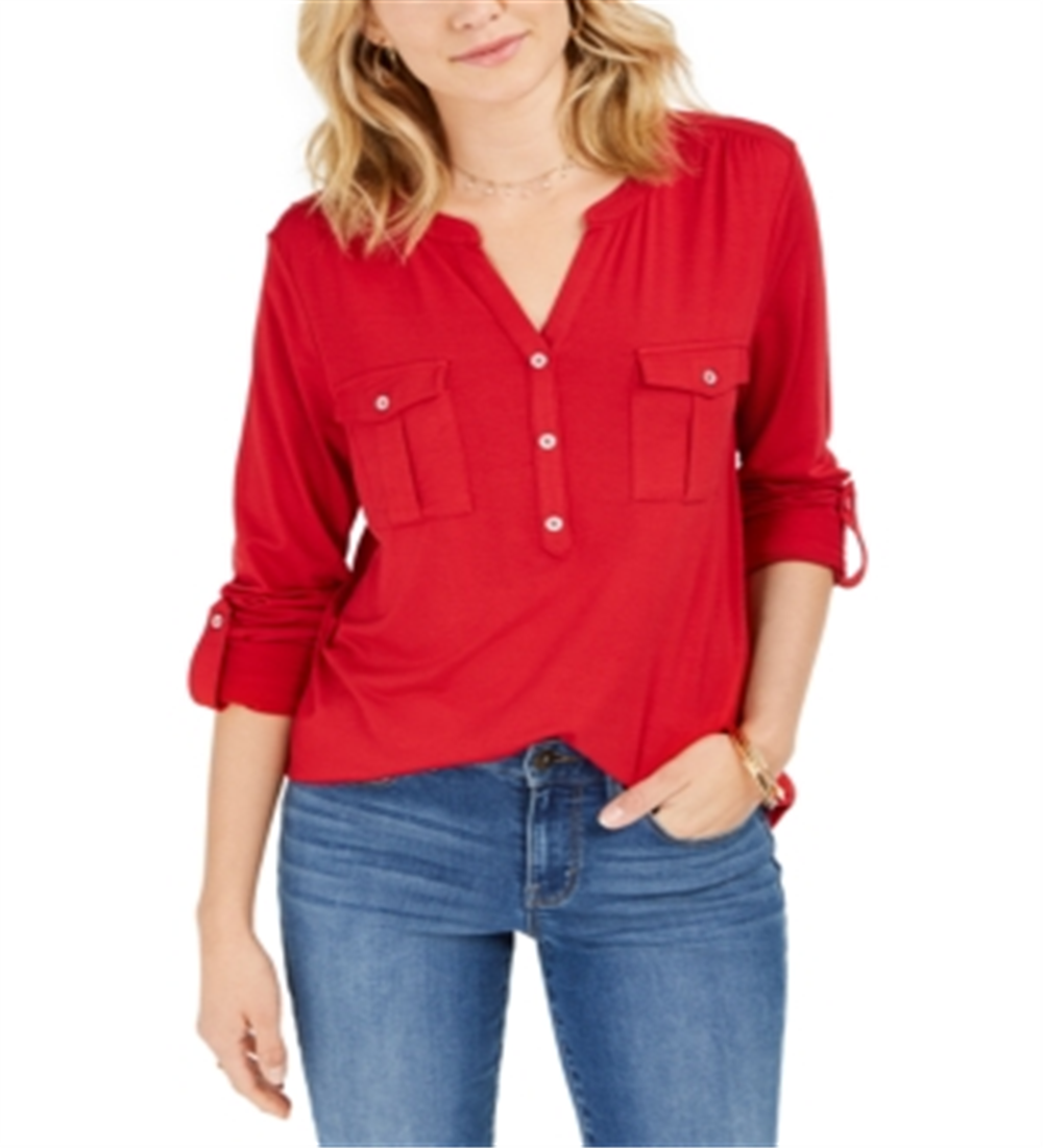 Blusa feminina estilo &amp; co com decote aberto e mangas bufantes, vermelha, tamanho pequeno