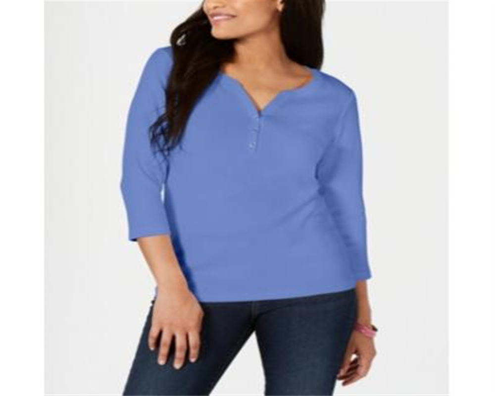 Camisa Henley de algodão feminina Karen Scott, azul, tamanho pequeno e pequeno