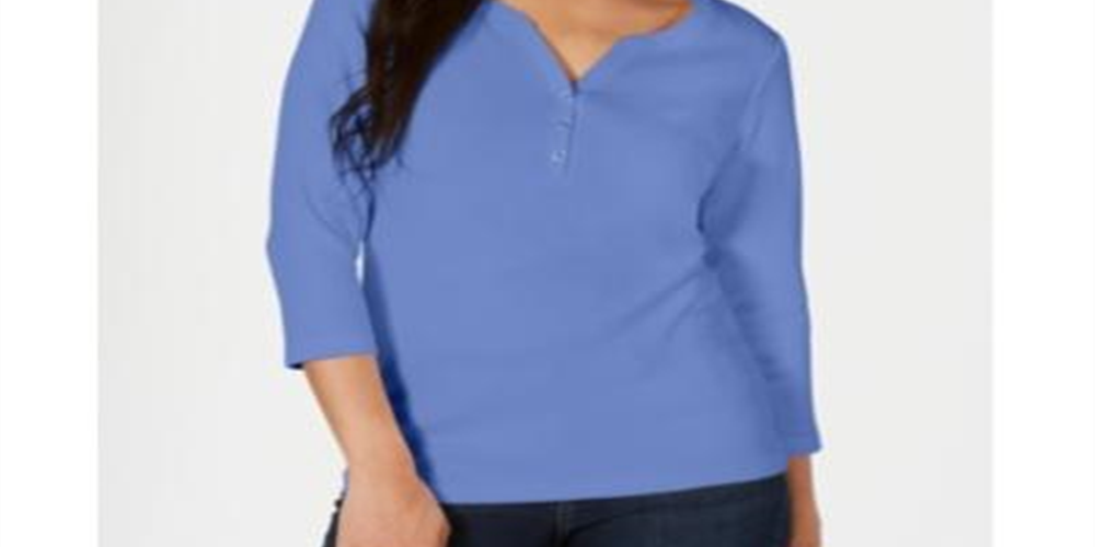 Camisa Henley de algodão feminina Karen Scott, azul, tamanho pequeno e pequeno