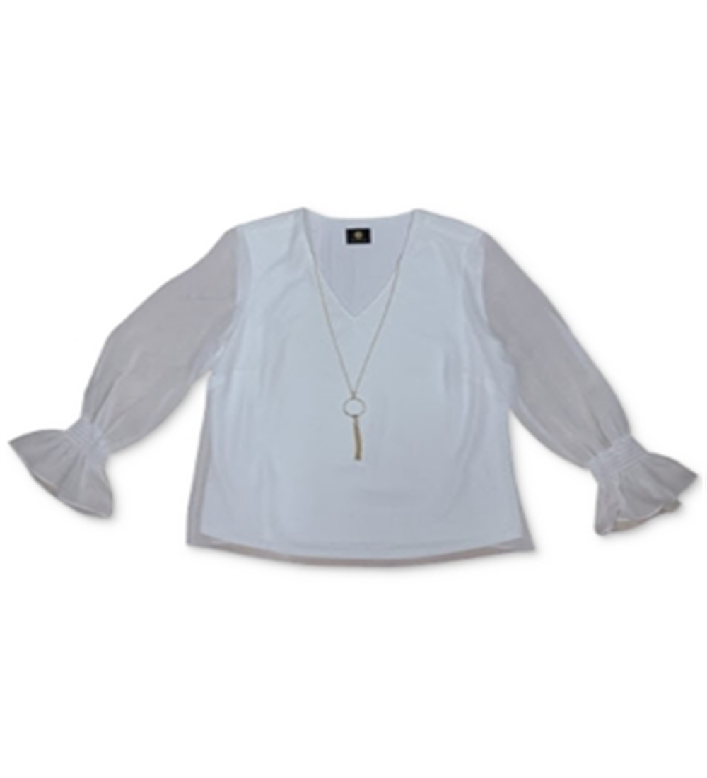 JM Collection Blusa feminina com manga franzida e colar azul tamanho grande