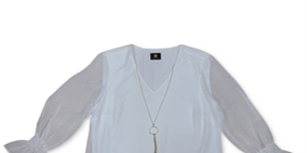JM Collection Blusa feminina com manga franzida e colar azul tamanho grande