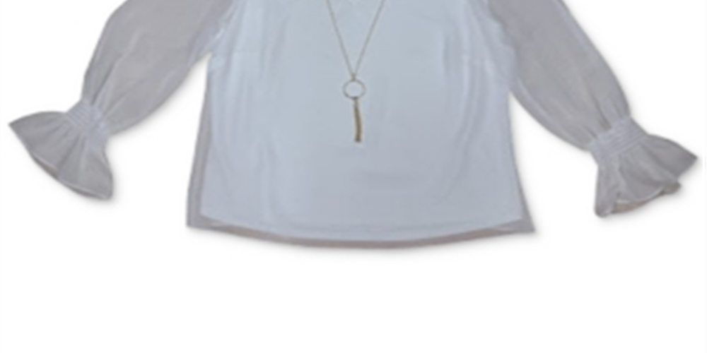 JM Collection Blusa feminina com manga franzida e colar azul tamanho grande