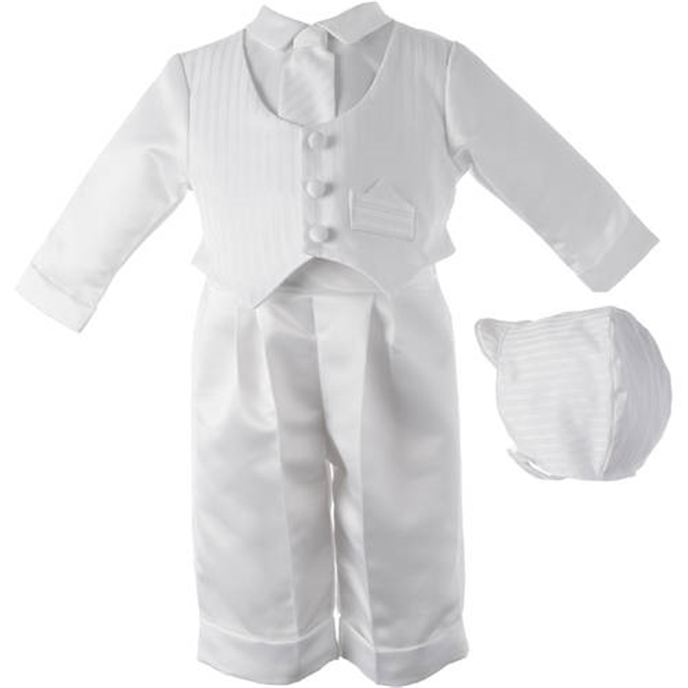 Traje de batizado de cetim para menino Lauren Madison com chapéu e gravata, branco, tamanho 6-9 meses