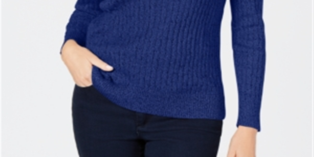 Karen Scott Suéter Feminino de Algodão Texturizado, Manga Longa, Gola Joia, Azul, Tamanho XXG