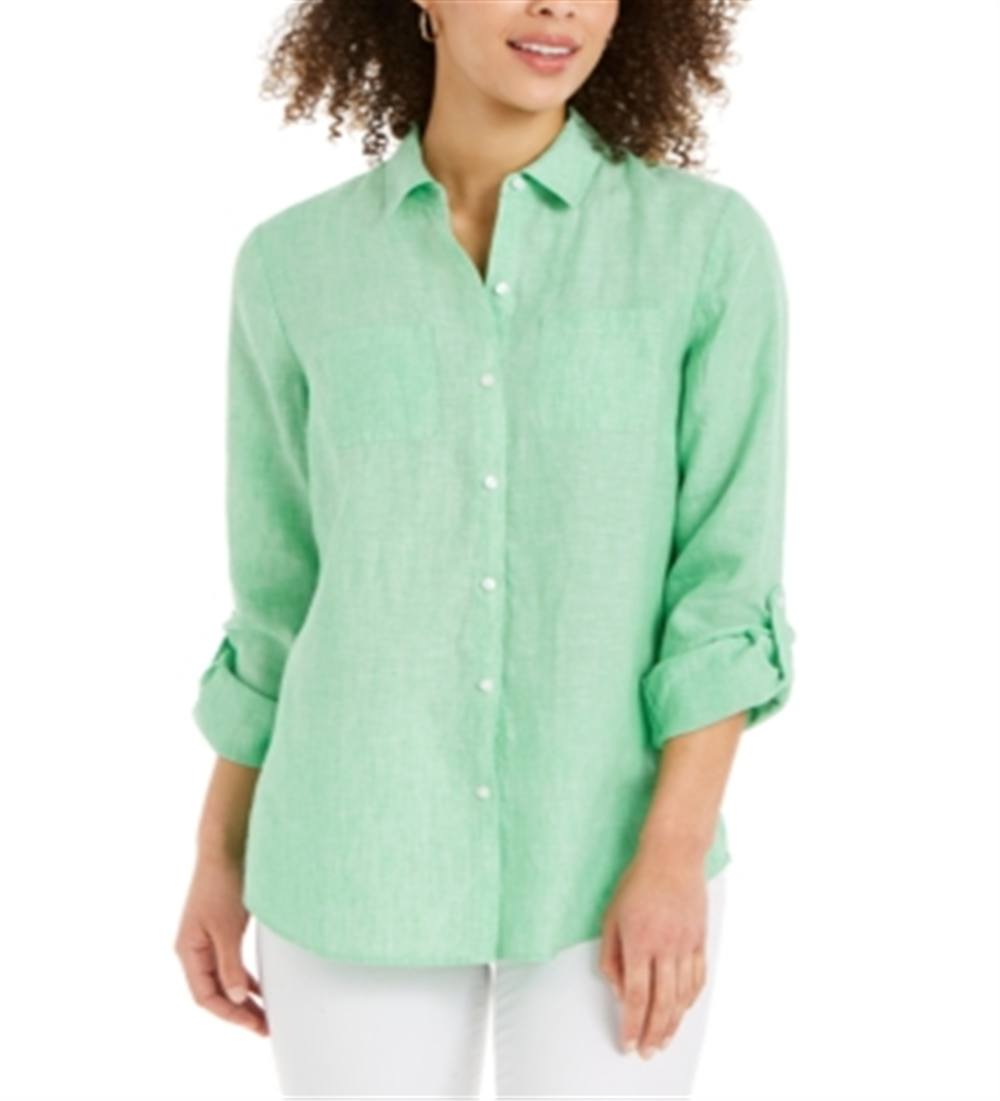 Camisa de linho feminina Charter Club, verde, tamanho X-S
