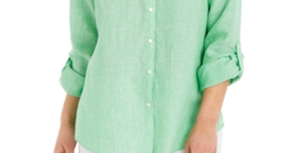 Camisa de linho feminina Charter Club, verde, tamanho X-S