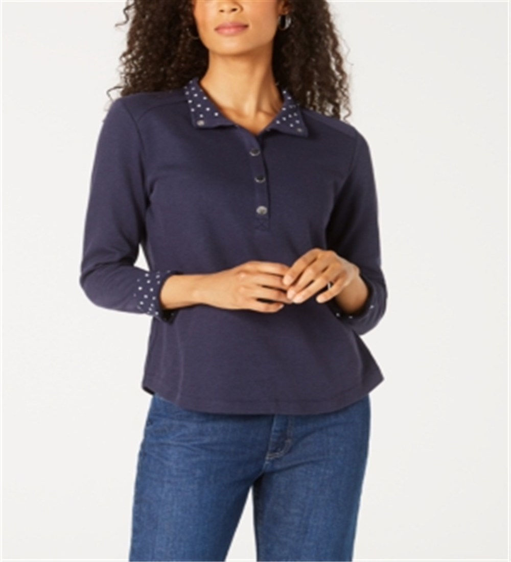Karen Scott Blusa feminina lisa e estampada com gola, azul, tamanho pequeno G
