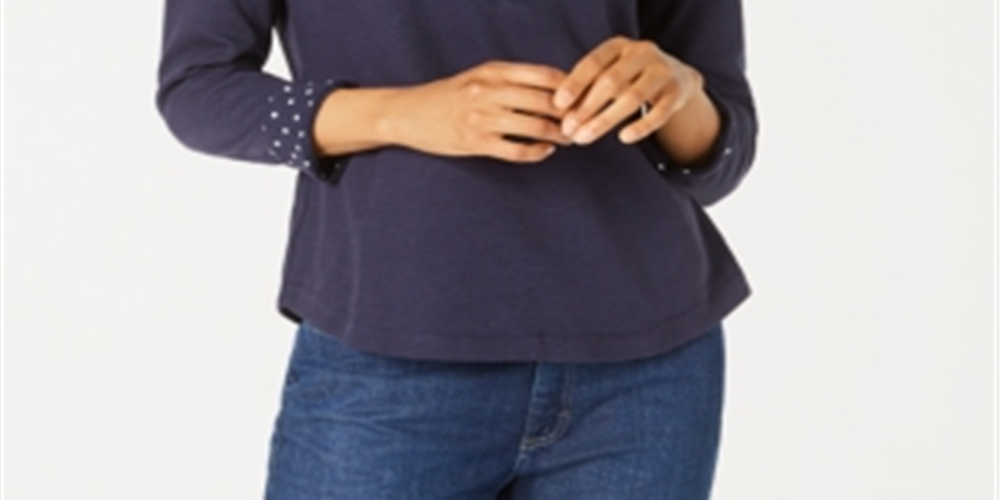 Karen Scott Blusa feminina lisa e estampada com gola, azul, tamanho pequeno G