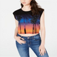 Guess Top curto estampado feminino com manga curta e gola redonda, preto, tamanho grande